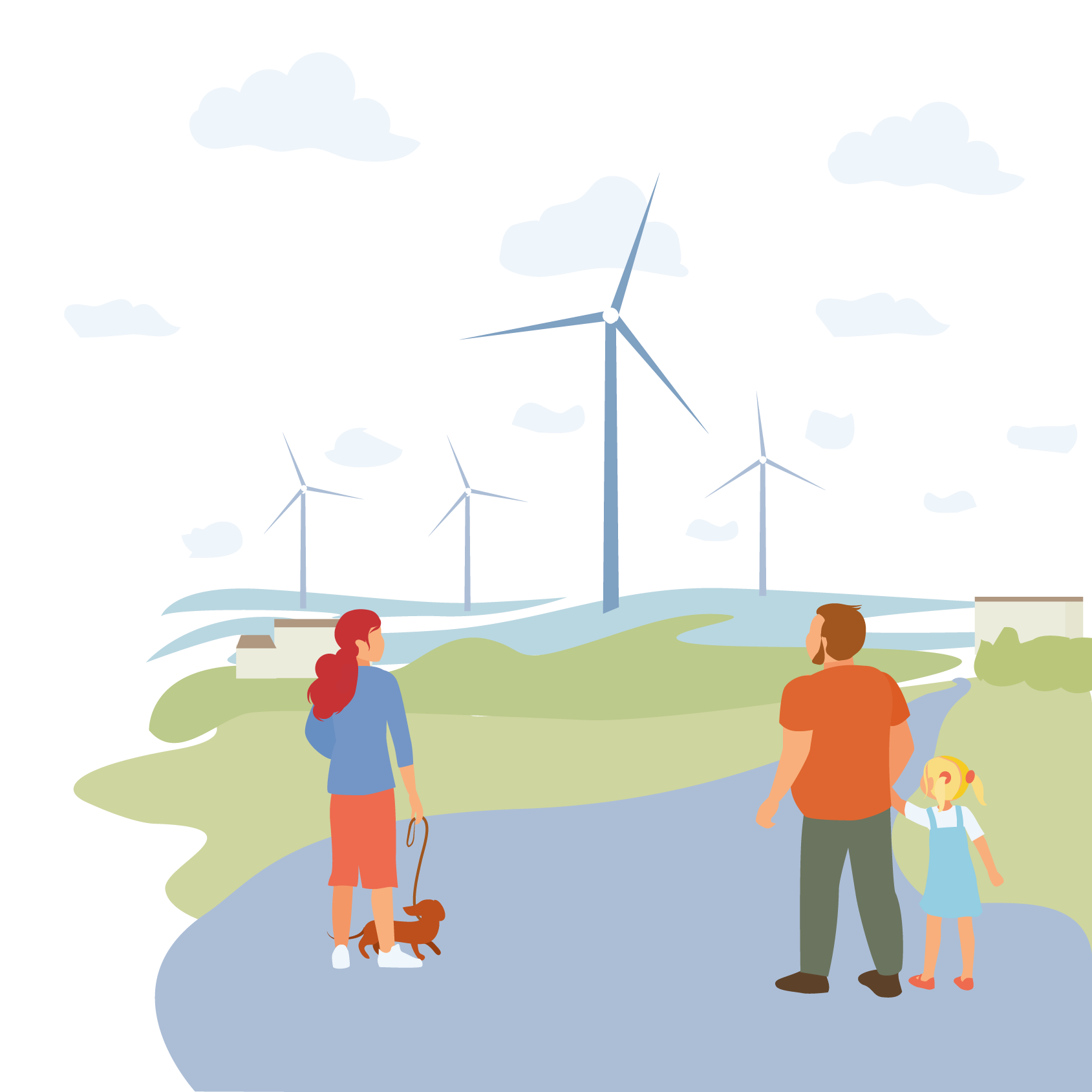 Woman with a dog and man with a child look at a field of wind turbines.