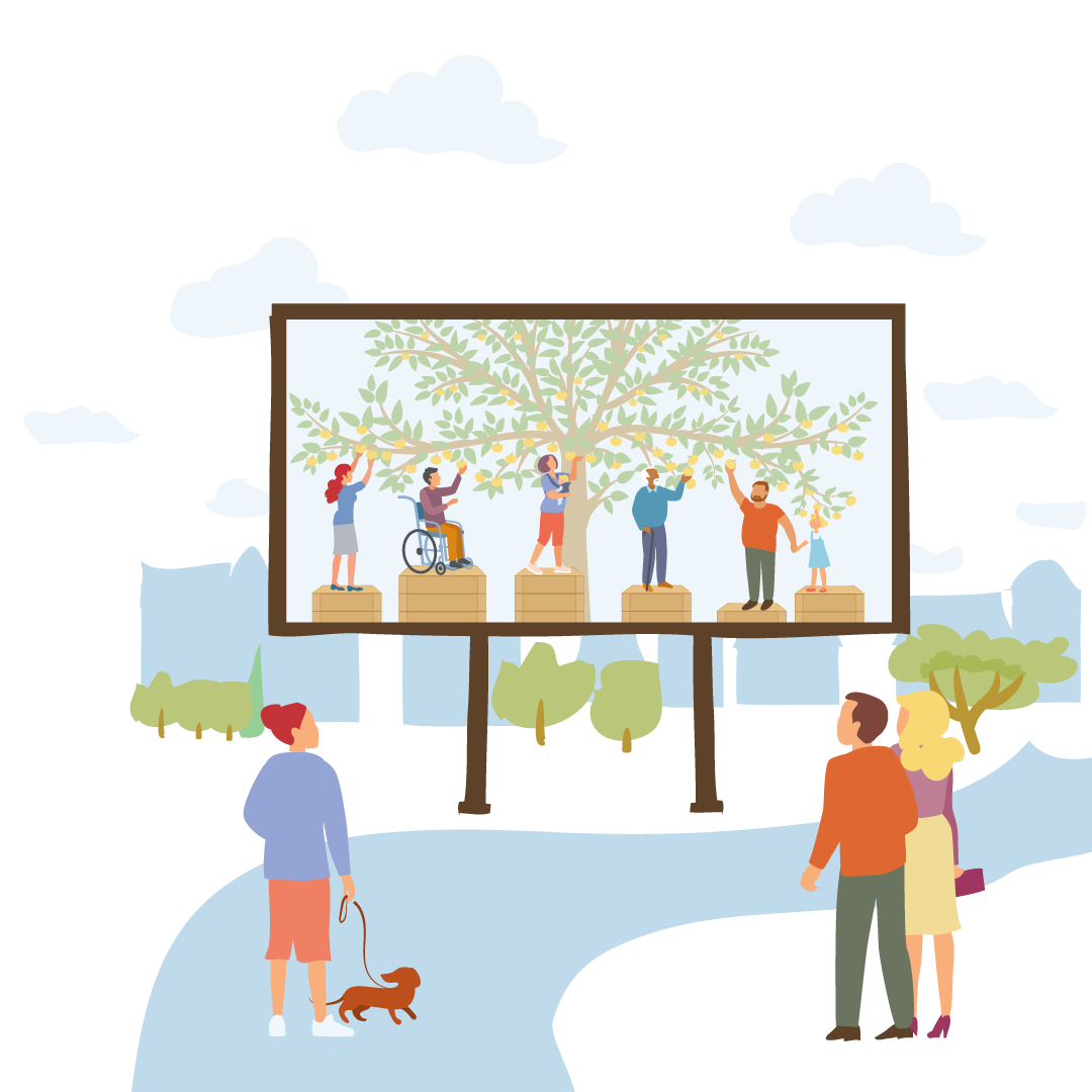 Illustration of a woman with a dog an a couple looking at billboard showing group of people representing different demographics (woman, person with a disability, mother, elderly person, father, child) picking fruit from the same tree.